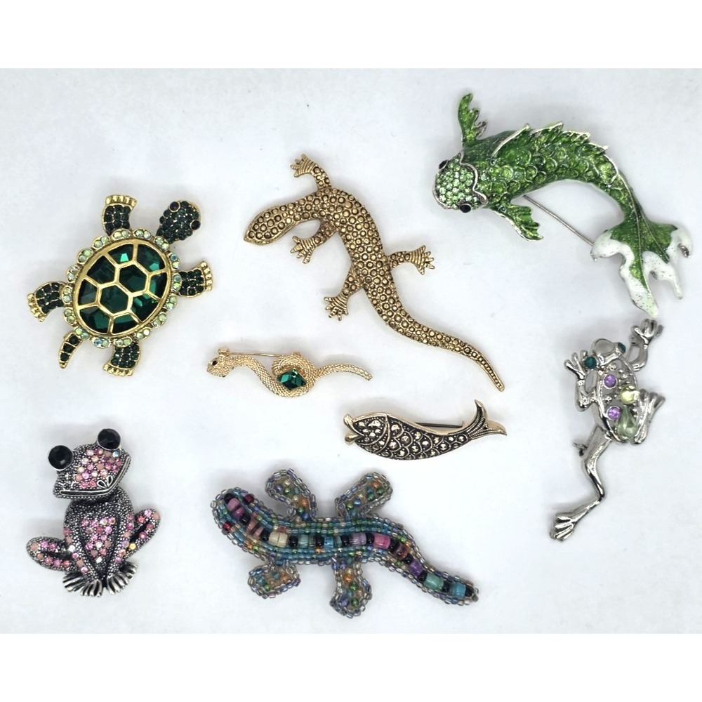Reptile Fish Brooches Lot Of 8 Lizard Frog Fish Turtle Snake Multi-Metal Vtg-Now